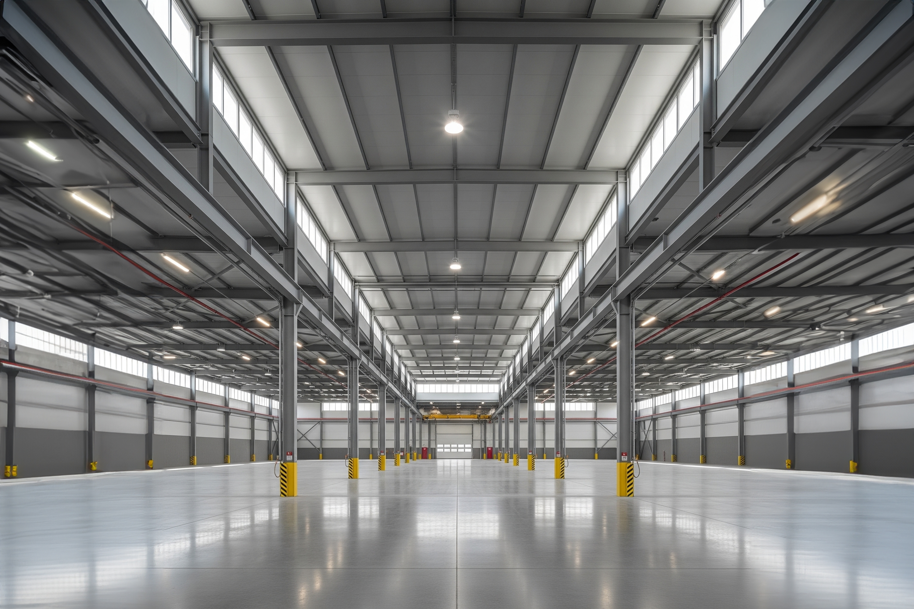 Interior architecture design of warehouse large metal roof structures of steel ceiling.